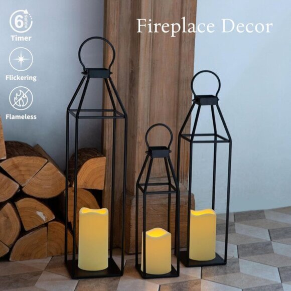 New Set of 3 Black Metal Lanterns Flameless Candle & Remote Timer for Home Decor - Picture 5 of 9